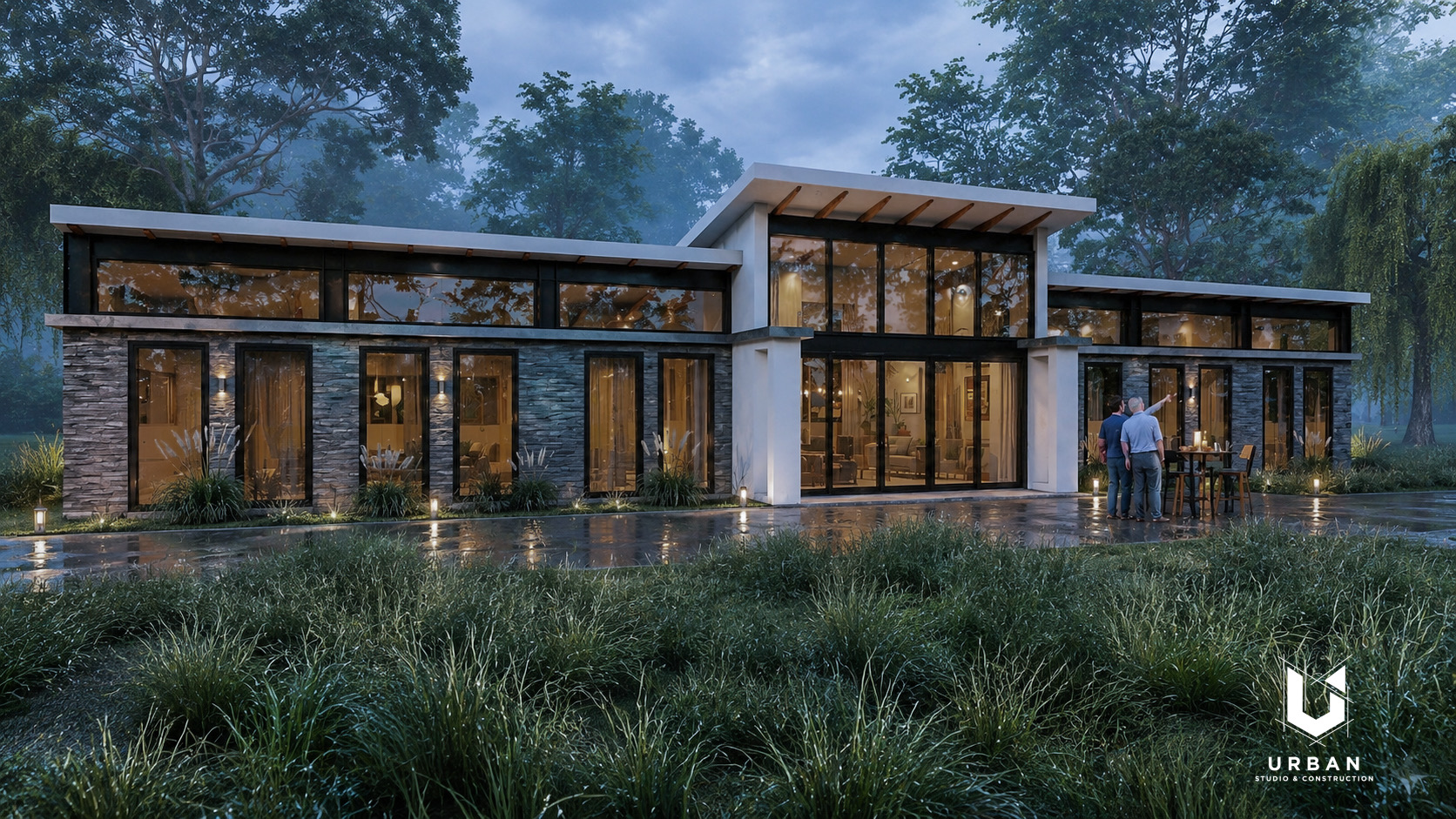 Villa exterior in warm evening light with stone-textured walls