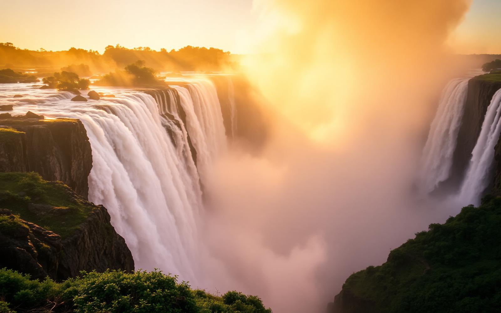 Victoria Falls at golden hour with rising mist